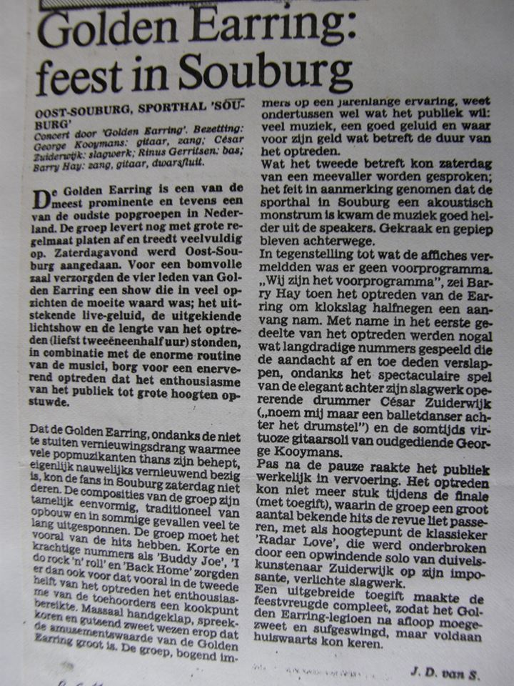Golden Earring newspaper show review  Oost-SouburgMarch 27, 1982